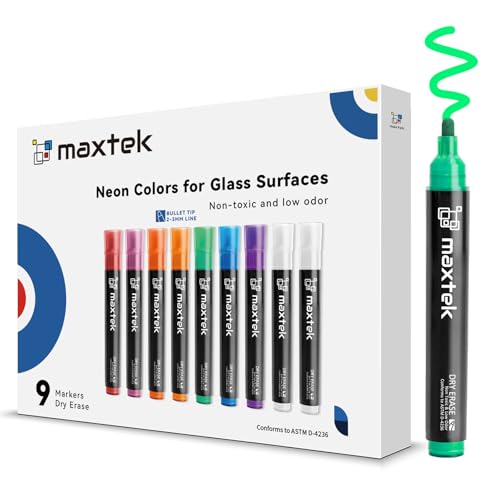 maxtek Neon Dry Erase Markers, Assorted Colors, 9 Count | For Glass & Window, Bullet Tip, Low Odor, Multi-Surface Compatible - style: 9 Neon Colors Bullet Tip