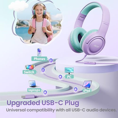 Acer USB-C Kids Headphones - 85/94dB Safe Volume Limited, Foldable Wired Over Ear Headphones for Travel, Toddler Headphones for School, Travel, iPad, Tablet, Purple Green, HK03C - color: USB-C Green-Purple