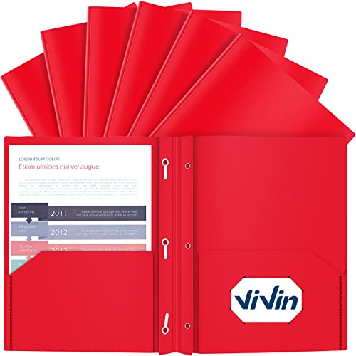 ViVin 12 Pack Plastic Folders with Pockets and Prongs, Heavy Duty 2 Pocket Folders with 3-Prong Fasteners, Poly File Holds 8-1/2" x 11" Paper for School Office Home (Red) - color: Red, size: 12 PACK