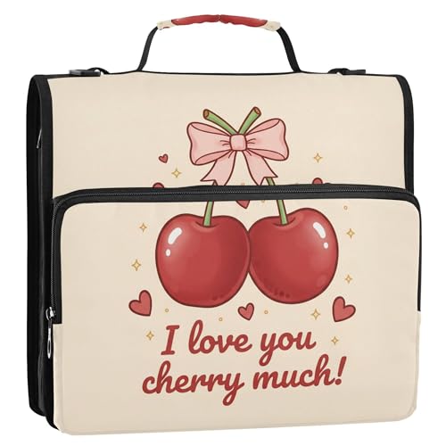 Cute Cherry Zipper Binder with Shoulder Strap, 500 Sheets Capacity, Multiple Pockets 1.5Inch 3 Ring Zipper Binder - color: Cherry