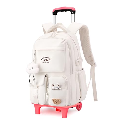 Girls Rolling Backpack with Wheels, Trolley Backpack for Boys, Kids Carry-on Luggage Wheeled School Bag Roller Bookbag, White 2 Wheels - color: 2 Wheels White