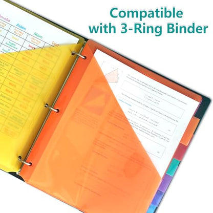 Akuoly 24 Count Pocket Divider for 3 Ring Binders Organizers, Two Pockets per Each Binder Divider, Plastic Tab Dividers, Bright Colors, for School Teachers Office Without Hole-Punching