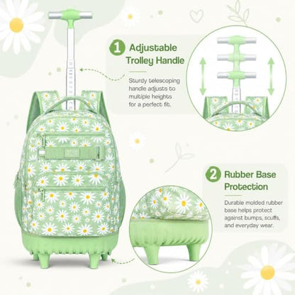 gxtvo Wheeled Backpack for Girls, Women Rolling Bookbag with Lunch Box for Adults, Water Resistant Roller School Bag for College Teens Kids Travel - Flower Cyan - color: Rolling Backpack Chrysanthemum Green
