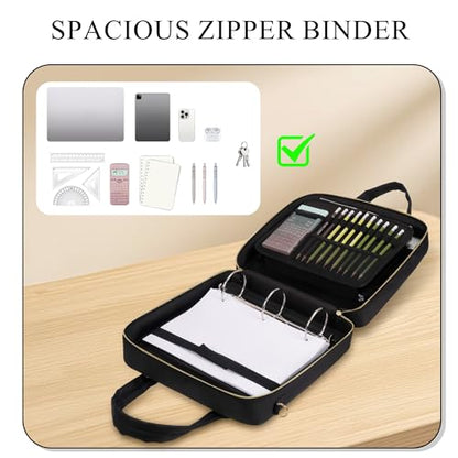 Zipper Binder | 3 Inch O-Ring, 600 Sheet Capacity Trapper Keeper with Shoulder Strap & Handle, Binder Bag with Multiple Storage Pockets, Fits 13" Laptop (Black) - color: Black