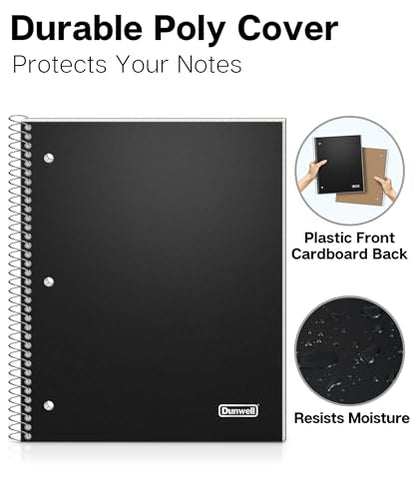 Dunwell Graph Paper Notebook 8.5 x 11, Plastic Cover, 80 Sheets, 4x4 Ruled, 1 Subject Spiral 1/4 Inch Grid Graphing Notebook, Divider with Pockets, Perforated Pages, 3-Hole Punched - size: 8.5x11", style: Graph Ruled