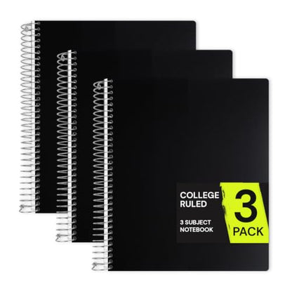 ONAVIA 3 Subject Spiral Notebook College Ruled, 300 Pages | 150 Sheets, 9 x 11 in, Waterproof Plastic Cover, Durable, 3-Hole Punched, Dividers, Double-Sided Pockets - color: Black
