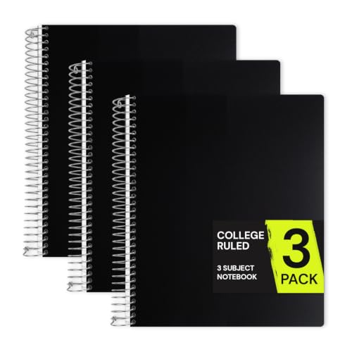 ONAVIA 3 Subject Spiral Notebook College Ruled, 300 Pages | 150 Sheets, 9 x 11 in, Waterproof Plastic Cover, Durable, 3-Hole Punched, Dividers, Double-Sided Pockets - color: Black