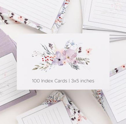 Floral Index Cards by Pure Print and Design | Floral Flash Cards Perfect For Study Sessions & Learning | 100 Cards of Premium Quality with 5 Different Designs | White, Purple and Gray | 3x5 inches - color: White, Purple and Gray