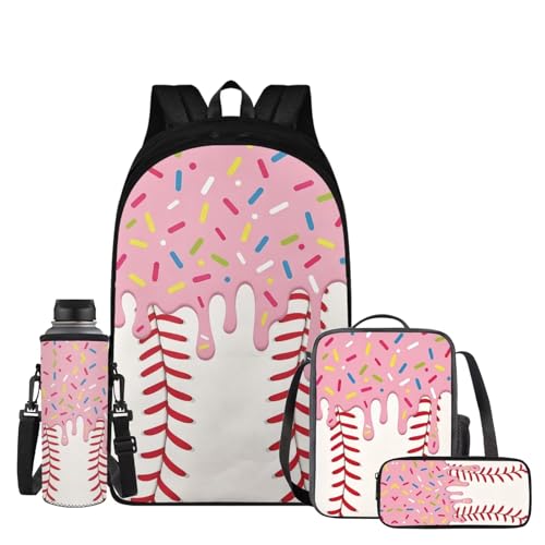 Pink Ice Cream Drip Backpack 4 Piece Baseball Backpack for School Insulated Thermal Lunch Bag Lovely Pencil Pouch Water Bottle Holder Kindergarten Cute Daily Gifts - color: Pink