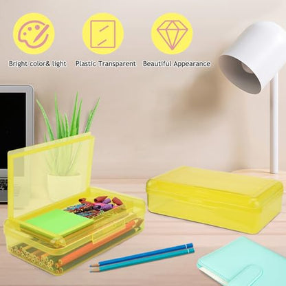 SFLHHDM Large Pencil Box, Double Layer Capacity Pencils Holders, Clear Hard Pen Case with Snap-tight Lid, Plastic Pencil Case for Office School, Pen Boxes Storage School Box (Amber Yellow-1pcs) - color: Amber Yellow-1pcs