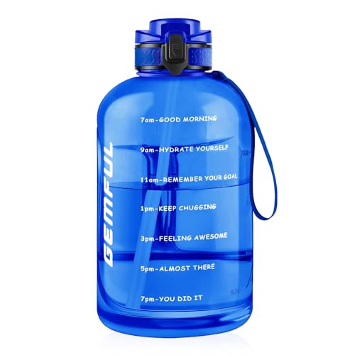 GEMFUL 3L Water Bottle with Straw & Handle, Large Capacity Leakproof BPA-Free Time Marker Motivational Jug for Outdoor Camping Fitness Men & Women (Royal Blue with Removable Straw) - color: 3L Blue with Straw