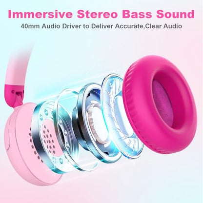 v8 Kids Headphones, 3.5mm Jack Wired Headphones for Kids with Safe Volume Limiter, HD Stereo Sound Over-Ear Girls Boys Toddler Headphone for Tablet, iPad, Kindle (Pink) - color: Pink