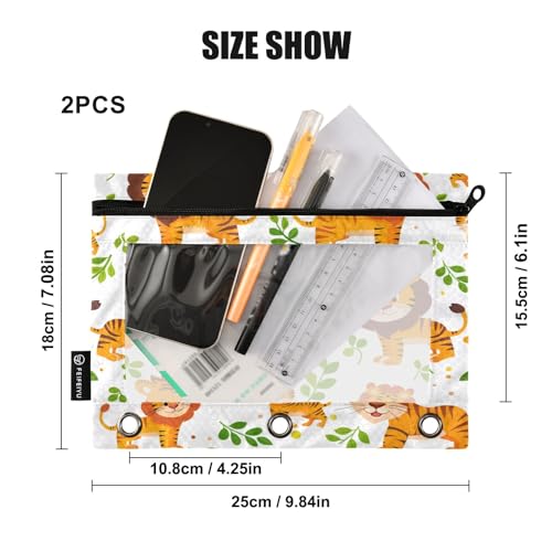 SUABO Cute Lovely Lion Pencil Pouch for 3 Ring Binder, 2 PCS Binder Pencil Pouch with Zipper, Clear Window Zipper Pencil Case Pencil Bags for Office Supplies - color: Lion