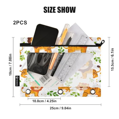 SUABO Cute Lovely Lion Pencil Pouch for 3 Ring Binder, 2 PCS Binder Pencil Pouch with Zipper, Clear Window Zipper Pencil Case Pencil Bags for Office Supplies - color: Lion