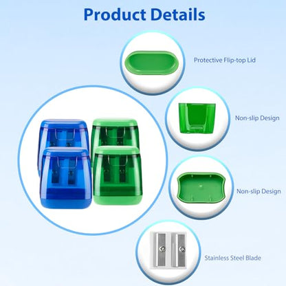 4PCS Dual Hole Pencil Sharpener Set with Container, Portable Manual Sharpeners for School Office Desk and Home Study Accessories(Blue,Green,F) - color: Blue,green