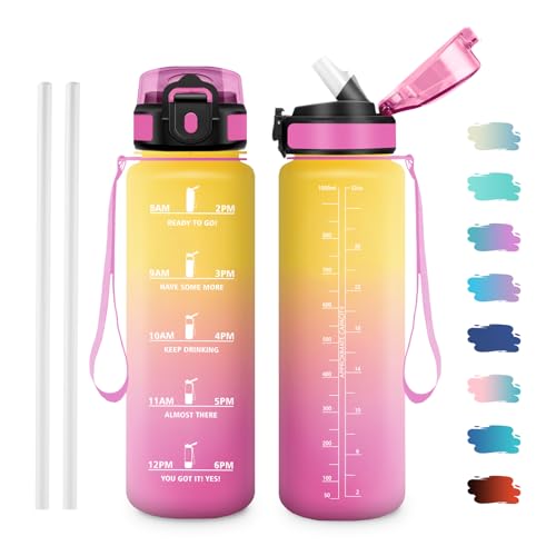 Sports Water Bottle, 1 Litre, Water Bottle with Time Marking, Water Bottle with Straw, Suitable for Carbonated Drinks, Sports Bottle for Fitness, Bike, Yoga - color: 1000 Ml, Yellow and Pink, size: 33.8 Ounces