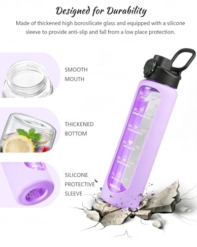 Nefeeko 32 oz Glass Water Bottles with Straw, Motivational Glass Water Bottle with Time Marker, 1 Liter BPA FREE Leakproof Reusable Glass Water Bottle with Silicone Sleeve, Bamboo Lid, Spout Lid - color: Purple