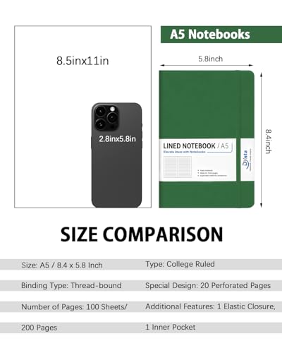 Dynta Hardcover Journal Notebooks, 10 Packs A5 Lined Journals Bulk for Writing 200 Pages/100Sheets, 8.4 x 5.8 inch, Classic Ruled Notebook for Work/Travel/College/Note Taking(Dark Green) - color: Dark Green