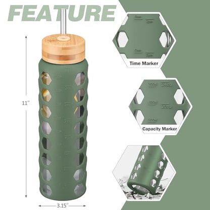 MUKOKO Glass Water Bottle, 32oz, Olive | Glass Tumbler with Straw, Drinking Bottles with 2 Lids-Handle Spout Lid & Bamboo Straw Lid, Silicone Sleeve, 1 Pack - color: Olive, size: 32 Ounces