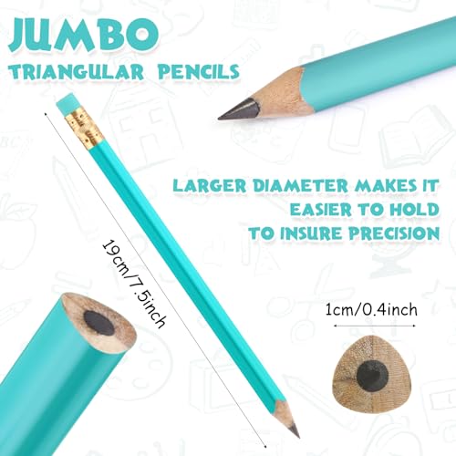 Fainne 48 Pcs Fat Pencils Jumbo Big Thick Large Pencils and 3 Pieces Sharpeners for Kids Beginners Preschoolers Kindergarten School Office Supplies(Turquoise Blue Series,Triangle) - color: Turquoise Blue Series, style: Triangle