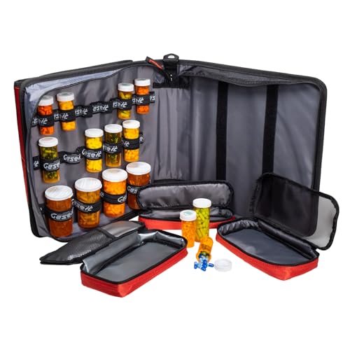 Med Manager Medicine Organizer and Binder, Removable Pouches, Detachable 5-Tab Expanding File Folder, Holds (15) Pill Bottles - (11) Standard Size and (4) Large Bottles, Red, 13 x 13 x 4.5 inches - color: Red