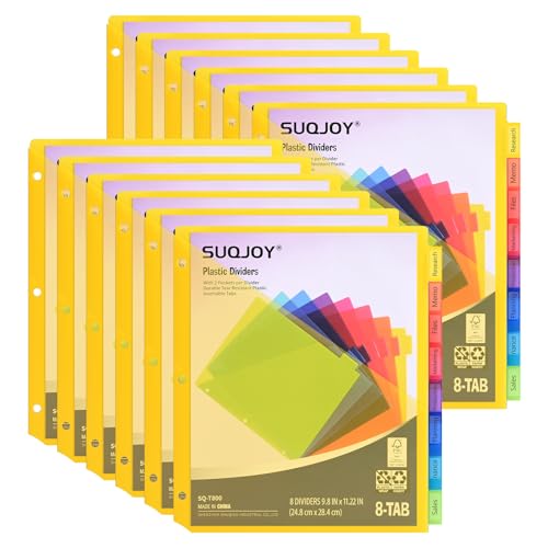 8-Tab Dividers for 3 Ring Binder, 96 Count Binder Dividers with Pockets, Subject Dividers, 3-Hole Plastics Sheets Protectors for US Letter Size in 0.5", 1",2" Binders, Vibrant 8 Color, 12 Packs - size: 12 Pack