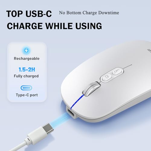 FMOUSE Slim Wireless Mouse, Tri-Mode 2.4G/Bluetooth, Rechargeable – Silver | USB-A & USB-C Receiver | Silent Click | One-Key Desktop | Works with Mac, iPad & Laptops | Long-Life Battery | Portable - color: Silver