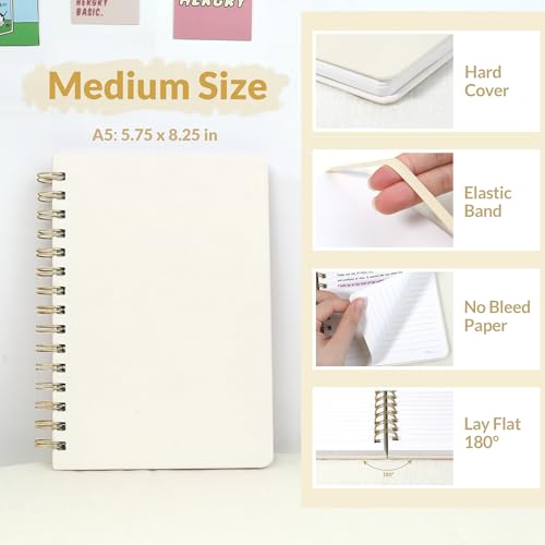 SUNEE Lined Spiral Journal Notebook for Women, 146 Pages College Ruled Hardcover Journaling Notebook for Work, Note Taking and Office School Supplies, A5 - Beige - color: Beige