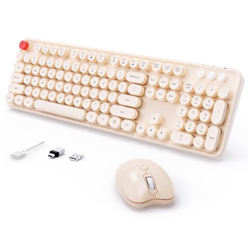 Wireless Keyboard and Mouse, MOFII 104 Round Keycaps Retro Typewriter with OTG & Brush, Full-Size Ergonomic, Ideal for Windows PC, Home, Office and College Brown - color: Coffee Brown