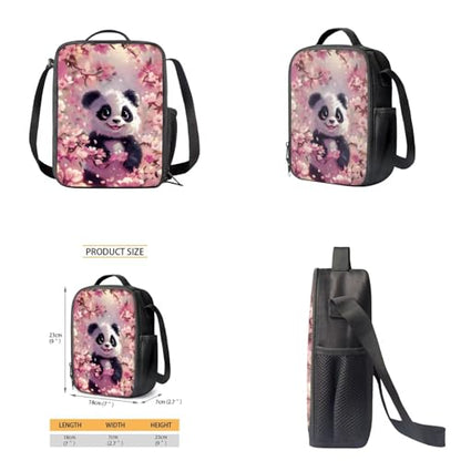 Cherry Blossom Panda Backpack for Girls Kids Backpack with Lunch Box Water Bottle Carrier and Aesthetic Pencil Case 4PCS Set Bookbag with Front Pocket for School 17 inch Large Cute School Bag - color: Cherry Blossom Panda