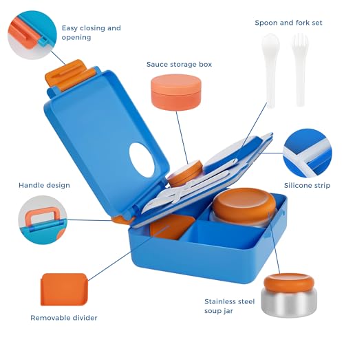 FOOYOO Bento Lunch Box Set for Kids & Adults, Leakproof 4-Compartment Container with Insulated Stainless Steel Food Jar, Utensils, BPA-Free, Microwave & Dishwasher Safe for School Work Travel（Blue） - color: Blue