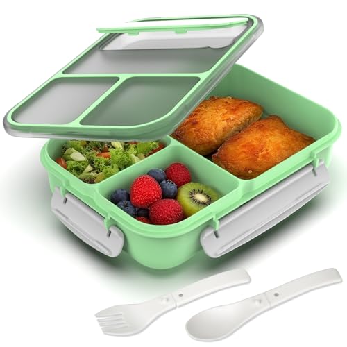 WHALEHOUSE Large Capacity Bento Box for Adult, 1700ML 3 Compartments Lunch Box with Utensil, Airtight Food Container with Lids for Meal Prep, Microwave/Dishwasher/Freezer Safe, On the Go (Green) - color: 1700mL-Green