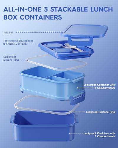 KEMETHY Adults Bento Lunch Box Set with Thermo Bag, 74oz Stackable Leak-proof 3-tiers Bento Box, Built-in Utensil and Sauce Container for Work, School, Dining Out (Blue) - color: Sapphire Blue