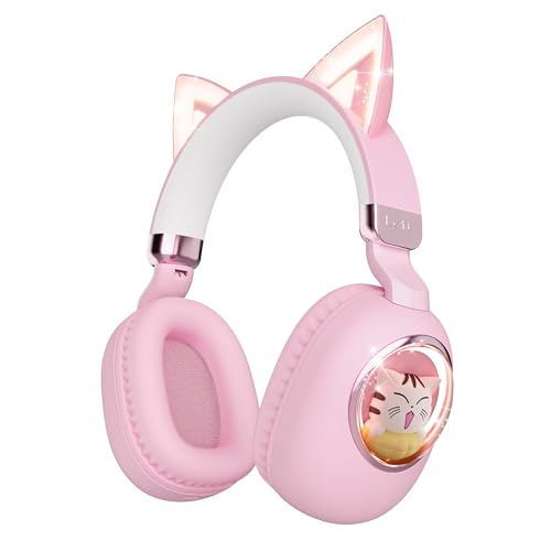 Kids Headphones Bluetooth 5.4 - Cat Ear LED Light Up Noise Cancelling Wireless Headphones with Mic, 85dB Volume Limited, Wired & Wireless Mode for Travel/School/iPad - color: Pink