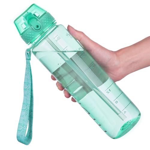 GOPPUS Clear Water Bottle With Straw 32oz Clear Sports Water Bottles Motivational with Time Marker Tritan BPA Free Clea Plastic Water Bottle Wide Mouth for Gym Travel Home School Office - color: D-Mint Green