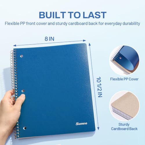 SUNEE Spiral Notebook, 1-Subject, College Ruled Paper, 8" x 10-1/2", 100 Sheets per Notebook, 3-Hole Punched Paper, Water Resistant Cover, Double-sided Pockets, Dark Blue - color: Dark Blue
