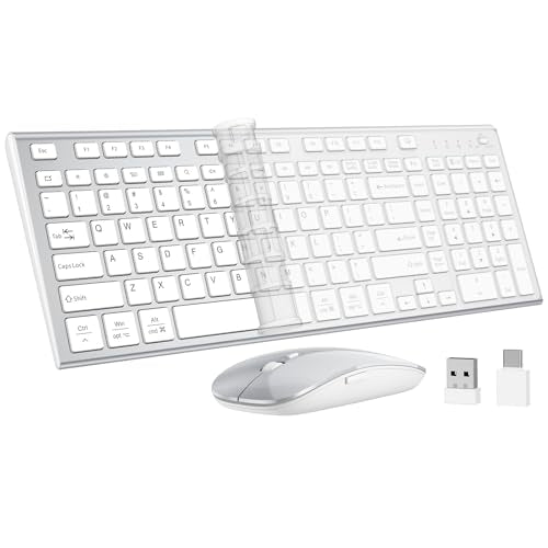Keyboard and Mouse Wireless, Slim Flat Silent Quiet White Silver | Low Profile Thin, Compact Full Size with 10 Key, Soft Touch, USB C Cordless, for Mac/Windows PC/Macbook/iMac, Office/Home - color: White and Silver