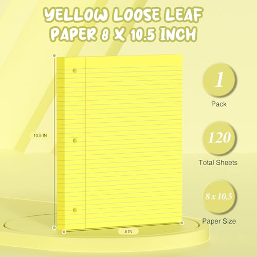 Yellow Loose Leaf Paper 8 x 10.5, 120 Sheets Lined Paper College Ruled Paper, 3 Hole Punched Notebook Paper College Ruled, 3 Ring Binder Paper 8 x 10.5, Filler Paper College Ruled for Office, School - color: Yellow-120 Pcs
