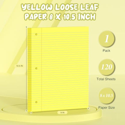 Yellow Loose Leaf Paper 8 x 10.5, 120 Sheets Lined Paper College Ruled Paper, 3 Hole Punched Notebook Paper College Ruled, 3 Ring Binder Paper 8 x 10.5, Filler Paper College Ruled for Office, School - color: Yellow-120 Pcs