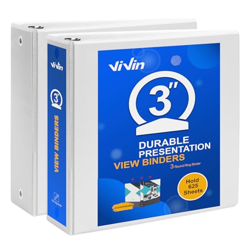 ViVin 3 Ring Binder 3 inch with Clear View Cover, Large 3" Round Ring for Strength, Holds 600 Sheets of US Letter Size Paper, Office Home School, 2 Pack (White) - color: White, size: 3 Inch, style: 2 Pack