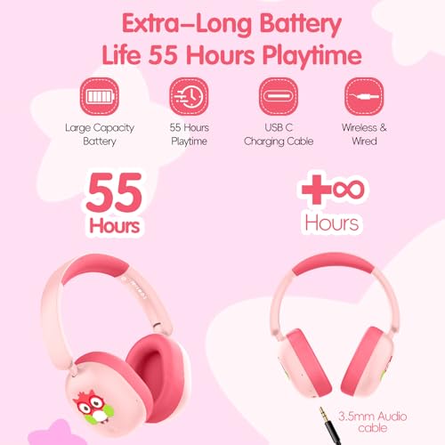 LOBKIN Kids Headphones Bluetooth 6.0,Over Ear Kids Headphones Wireless with Mic 55H Playtime AUX Cord 85dB Safe Volume Limited Foldable Design for Boys Girls Travel/School/iPad