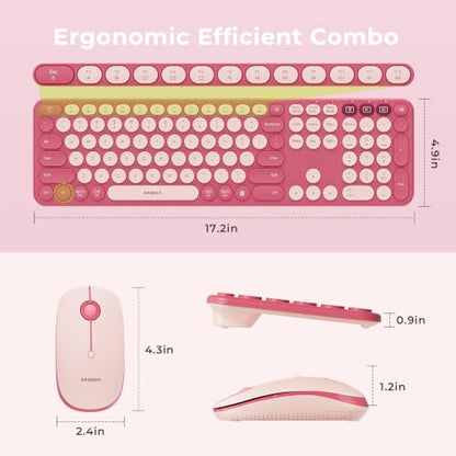 seenda Wireless Bluetooth Keyboard Mouse Combo, COE202 Retro Cute Round Keyboard, Silent Mouse, 3 Multi-Device Connection, Full Size Compatible for PC/Laptop/Mac/MacBook/iPad/Tablet, Pink - color: Pink