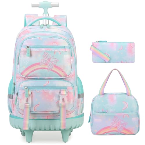 Scothen Rolling Backpack for Girls, 3PCS Roller School Backpacks for Girls with Lunch Bag and Pencil Pouch, Kids Bookbag Schoolbag with Wheels for Teen Girl Kindergarten Elementary Middle School - color: Green