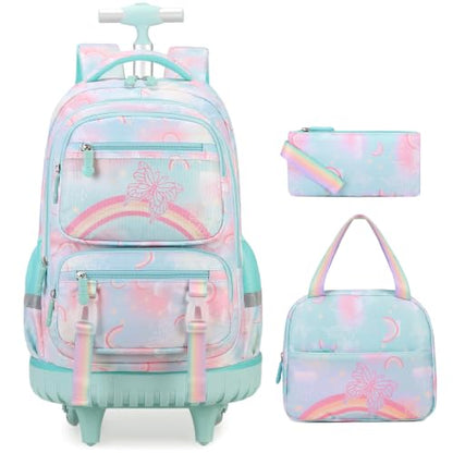 Scothen Rolling Backpack for Girls, 3PCS Roller School Backpacks for Girls with Lunch Bag and Pencil Pouch, Kids Bookbag Schoolbag with Wheels for Teen Girl Kindergarten Elementary Middle School - color: Green