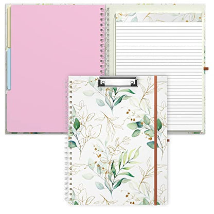 Rimilak Spiral Clipboard Folio with Refillable Lined Notepad, 14.5 x 9.8 In, Hardcover Cover with 5 Interior Pockets, Elastic Band and Pen Loop Series. Cute Stylish Clipfolio, Bohe Leaves - color: Bohe Gold Leaves