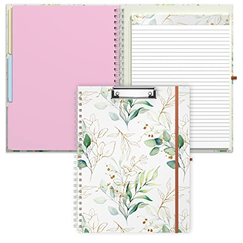 Rimilak Spiral Clipboard Folio with Refillable Lined Notepad, 14.5 x 9.8 In, Hardcover Cover with 5 Interior Pockets, Elastic Band and Pen Loop Series. Cute Stylish Clipfolio, Bohe Leaves - color: Bohe Gold Leaves