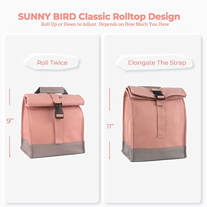 SUNNY BIRD Insulated Lunch Bag Rolltop Lunch Box (Pink with pink shoulder strap) - color: Pink with pink shoulder strap