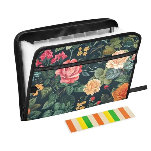 Expanding File Folder Botanical Floral Green Accordion File Organizer 13 Pockets Document Organizer with Zipper Labels A4 Letter Office Storage