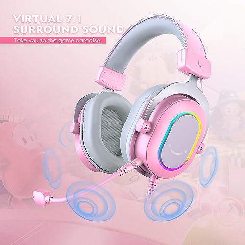 FIFINE PC Gaming Headset, USB Wired Headset with Microphone, 7.1 Surround Sound, in-Line Control, Computer RGB Over-Ear Headphones for PS4/PS5, for Streaming/Game Voice/Video-AmpliGame H6 (Pink) - color: Pink
