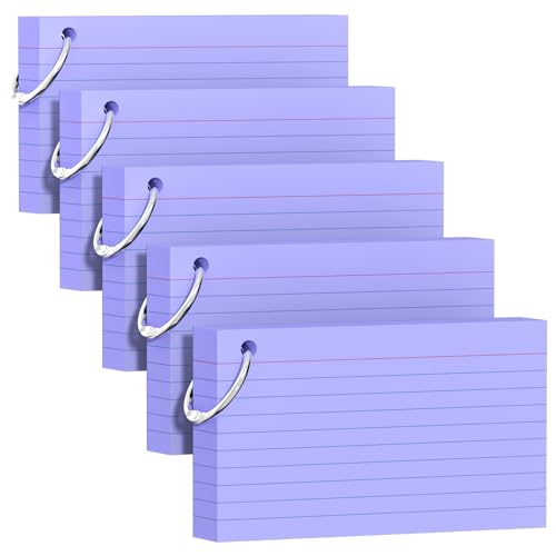 250 Count Purple Index Cards 3x5 Inch with Key Ring, Color Flash Index Card (50 Sheets Each), Durable & Portable Note Taking for Students, Teachers, Study Note Cards for Office Home School - color: Purple 5 Pack